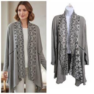 Ali Miles Gray Silver Lace Cardigan Sweater Open Front Semi-Formal Mature XL